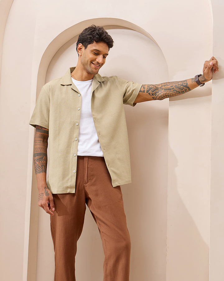 Beige Textured - Cuban Collar Shirt