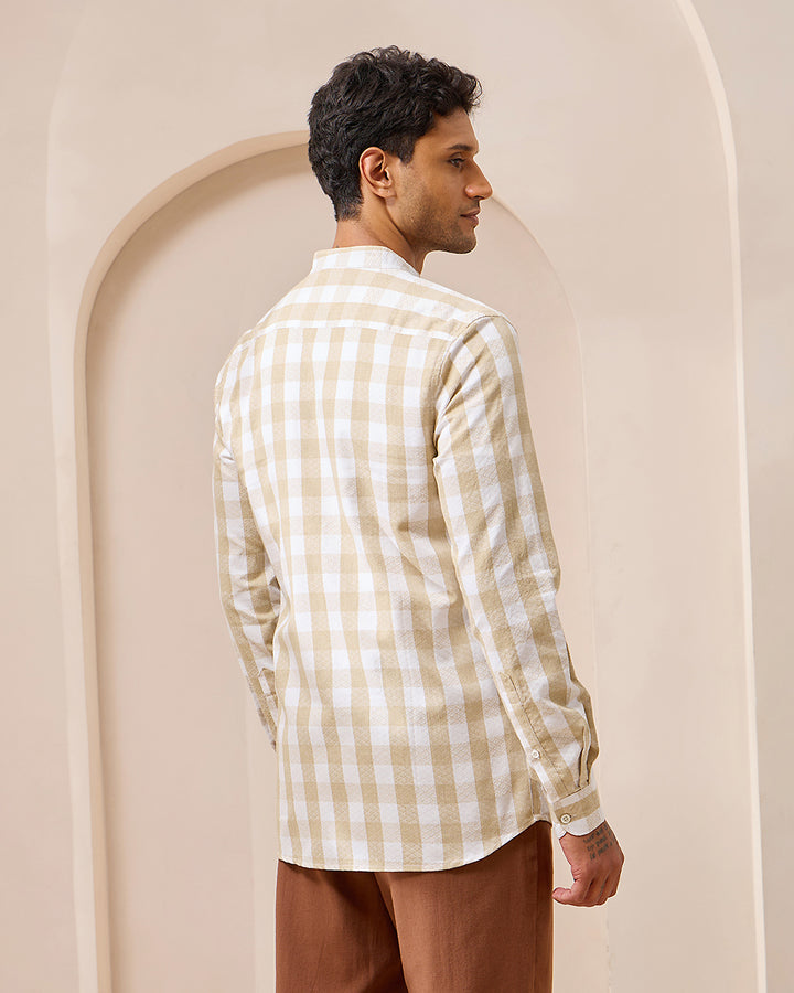 Beige Checkered -  Mandarin Shirt