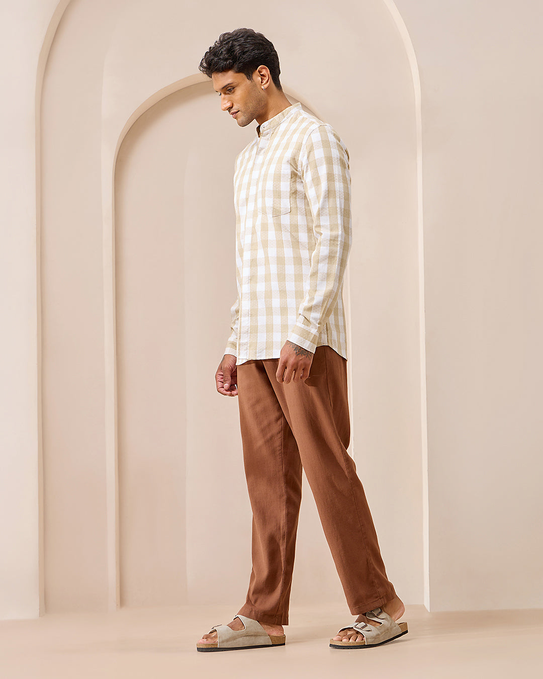 Beige Checkered -  Mandarin Shirt