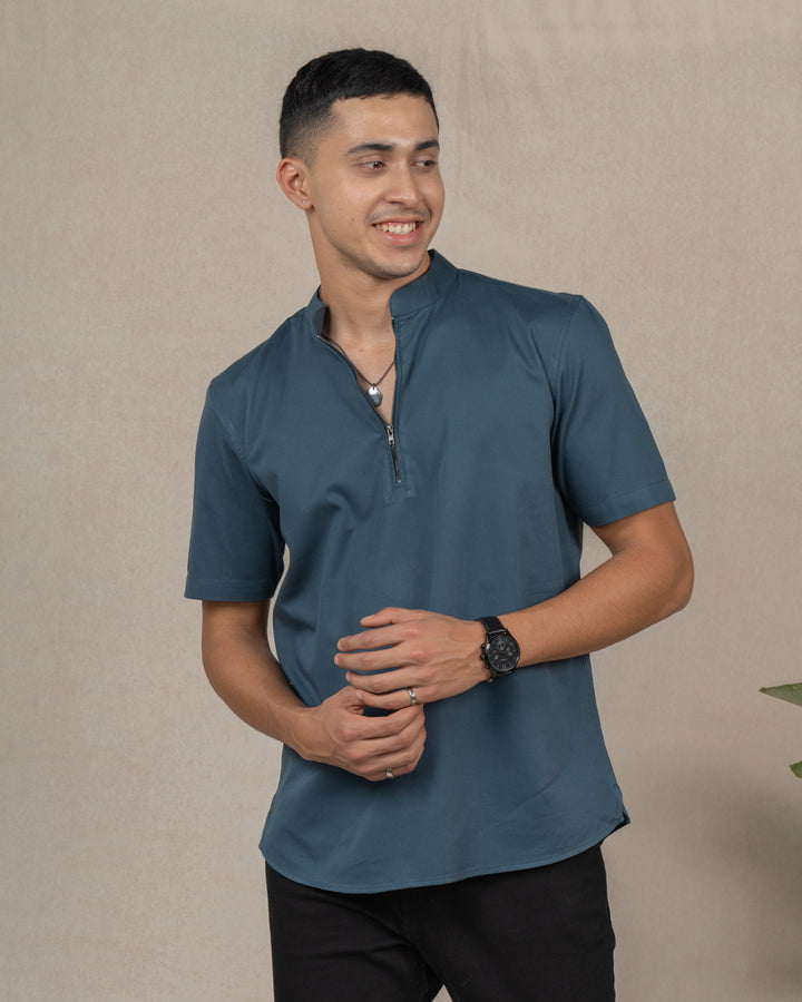 Modern stylish blue zipper front shirt for men, Stylish and functional zipper front shirt for men, combining modern design with comfort