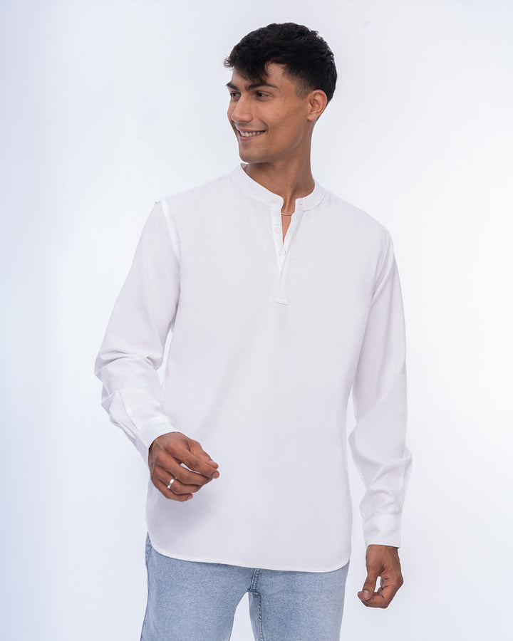 Comfortable white short kurta for men, ideal for casual and festive wear.
