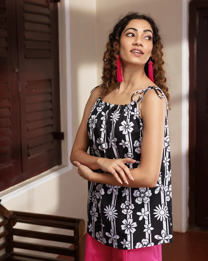 Pansy -  Shoulder Tie-Up Gathered Neckline Top